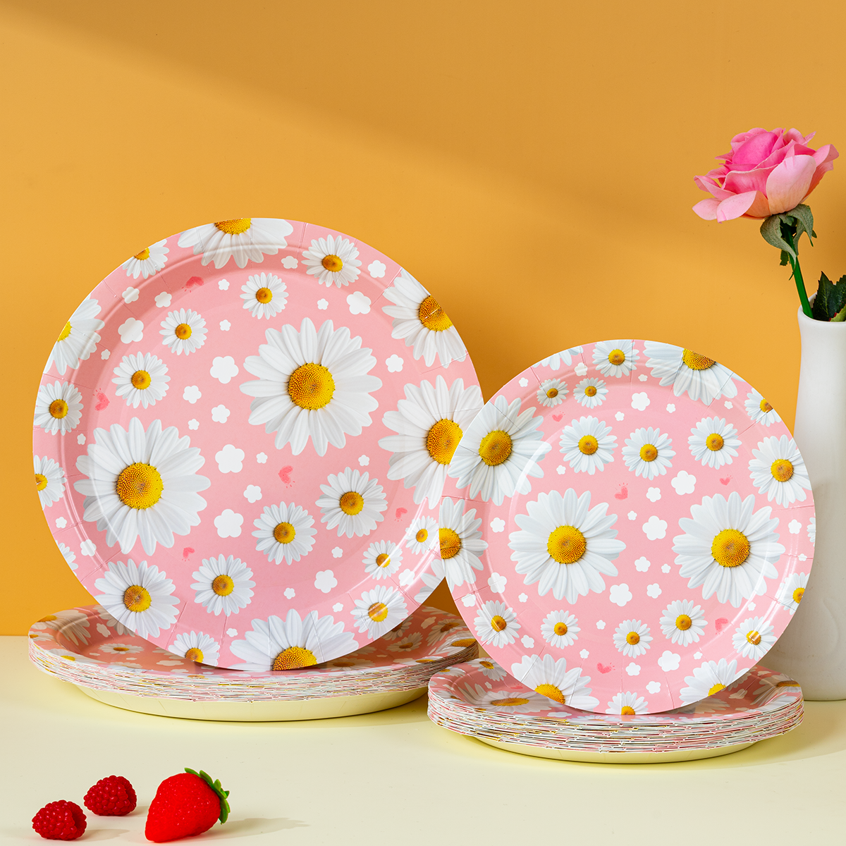 Event & Party Supply Photos - Pink Daisy Print Disposable Paper Plates,