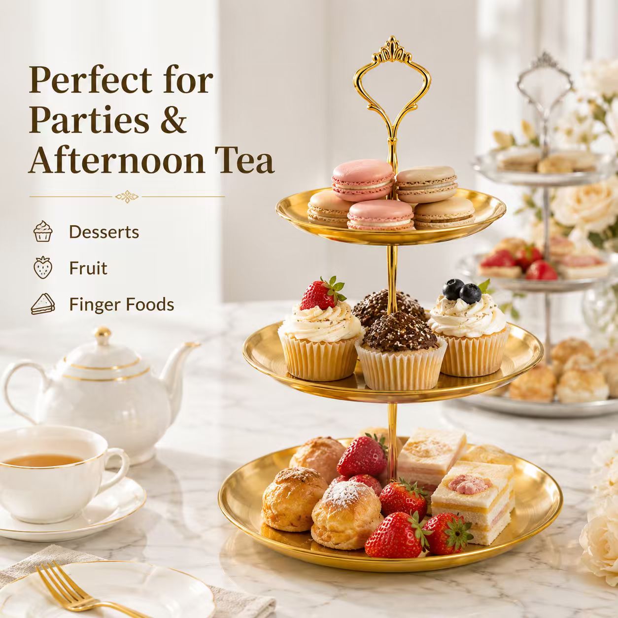 Luxury 3-Tier Gold Cake Stand  - Cupcake Stand Tier recension och pris